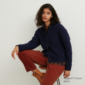 Cardigan Uniqlo Pointelle Crew Neck Long-Sleeve Femme Bleu Marine | 2683-UGEDJ