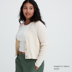 Cardigan Uniqlo Washable Knit Nervuré Long-Sleeve Femme Beige | 9806-JORDU