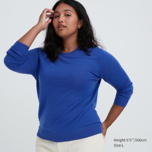 Chandails Uniqlo Extra Fine Merino Crew Neck Long-Sleeve Femme Bleu | 4729-YQGCT