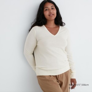 Chandails Uniqlo Extra Fine Merino V-Neck Long-Sleeve Femme Blanche | 4982-CYTDF