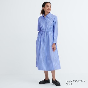 Peignoir Uniqlo Rayé Coton Long-Sleeve Long Shirt Femme Bleu | 0432-OJZAV