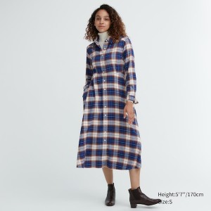 Peignoir Uniqlo Soft Brushed Checked Long-Sleeve Shirt Femme Bleu | 4197-DRAFK