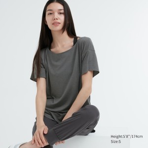 T Shirts Uniqlo AIRism Seamless Bateau Neck Corta-Sleeve Long Femme Grise Foncé | 3214-DOQAW