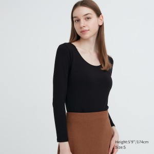 T Shirts Uniqlo HEATTECH Coton Scoop Neck Long-Sleeve Femme Noir | 0892-ZNGQK