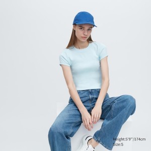 T Shirts Uniqlo Mini Corta-Sleeve Femme Bleu | 9207-UEHRB