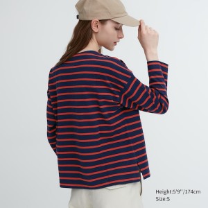 T Shirts Uniqlo Rayé Long-Sleeve Femme Rouge | 5823-OTGFW