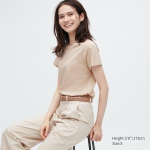 T Shirts Uniqlo Supima® Coton Crew Neck Corta-Sleeve Femme Beige | 3089-NRHUL