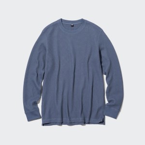 T Shirts Uniqlo Waffle Crew Neck Long-Sleeve Femme Bleu | 6710-AEXCS