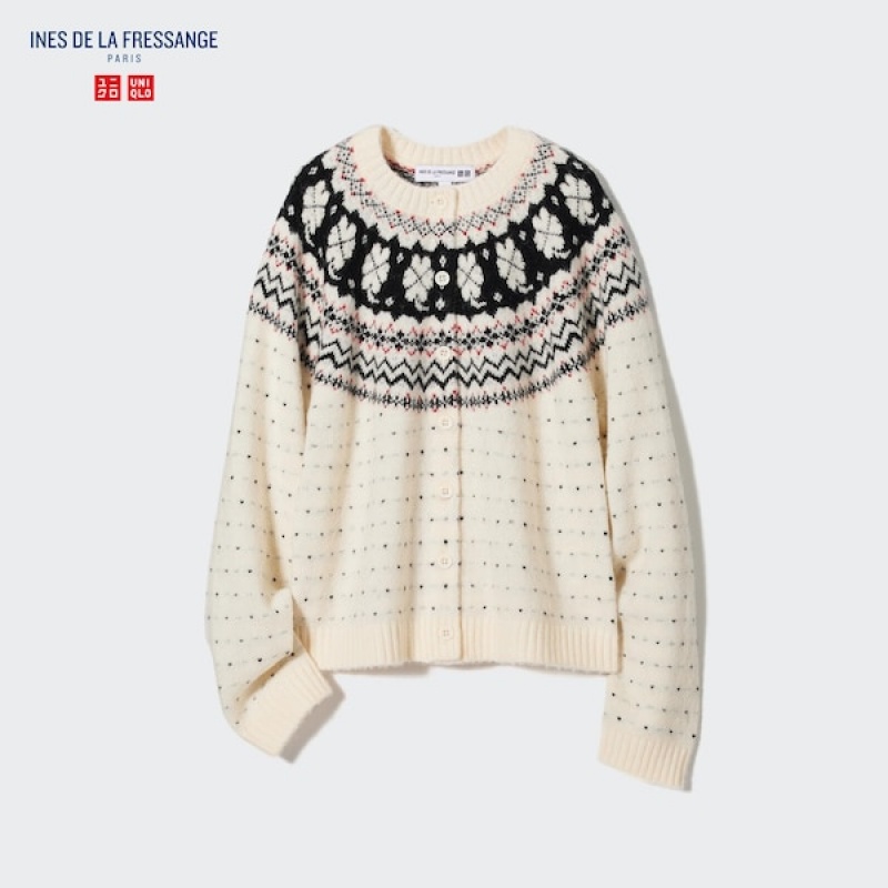 Cardigan Uniqlo Jacquard Crew Neck Long-Sleeve Femme Blanche | 9071-WQCSN