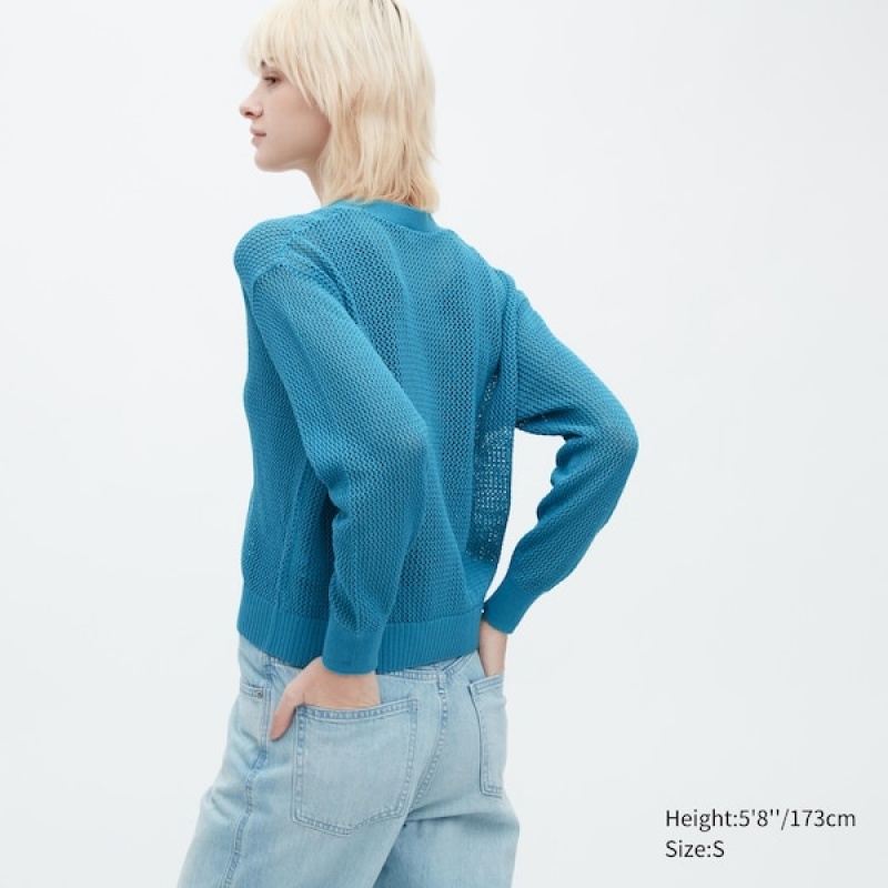 Cardigan Uniqlo Mesh Long-Sleeve Corta Femme Bleu | 2310-OQTMX