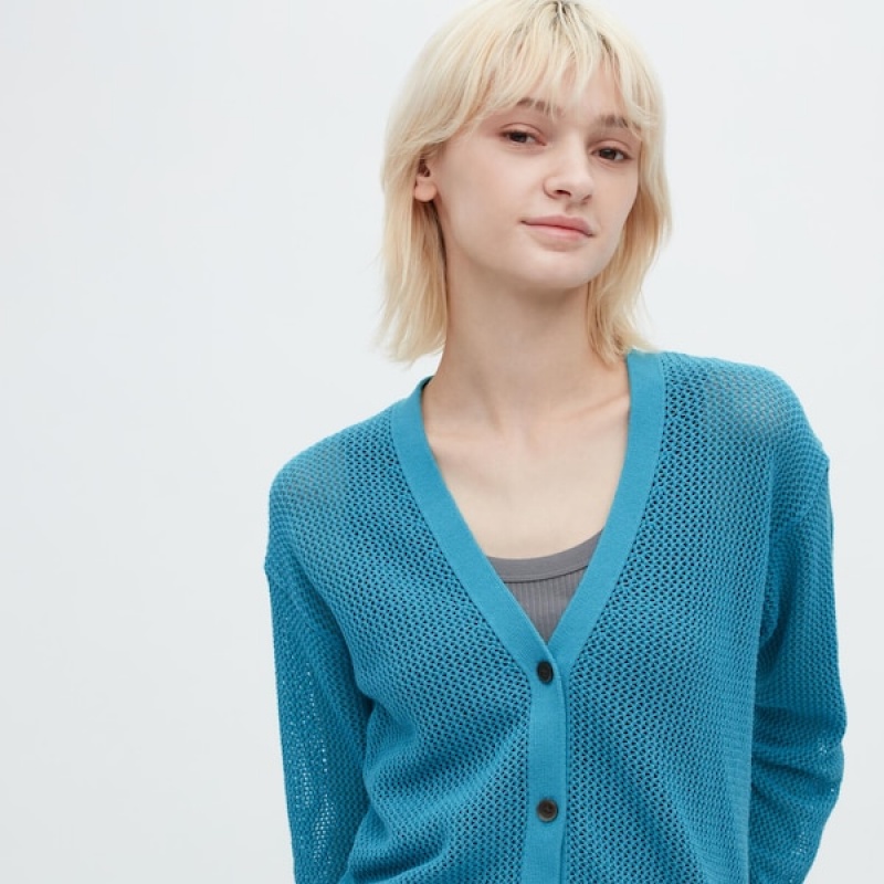 Cardigan Uniqlo Mesh Long-Sleeve Corta Femme Bleu | 2310-OQTMX