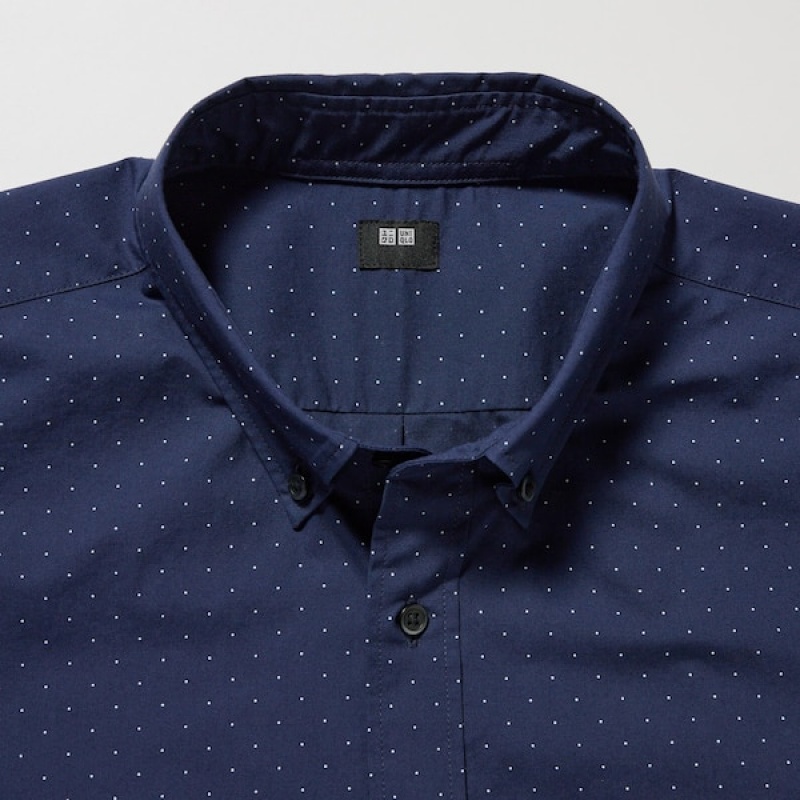 Chemises Uniqlo Extra Fine Coton Broadcloth Dotted Long-Sleeve Homme Bleu | 7498-UBFIZ