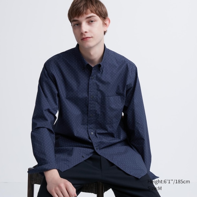 Chemises Uniqlo Extra Fine Coton Broadcloth Dotted Long-Sleeve Homme Bleu | 7498-UBFIZ