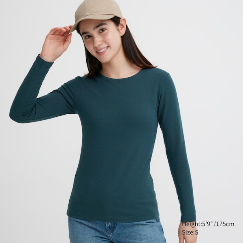 T Shirts Uniqlo HEATTECH Coton Crew Neck Long-Sleeve Femme Vert Foncé | 7125-JYEAV