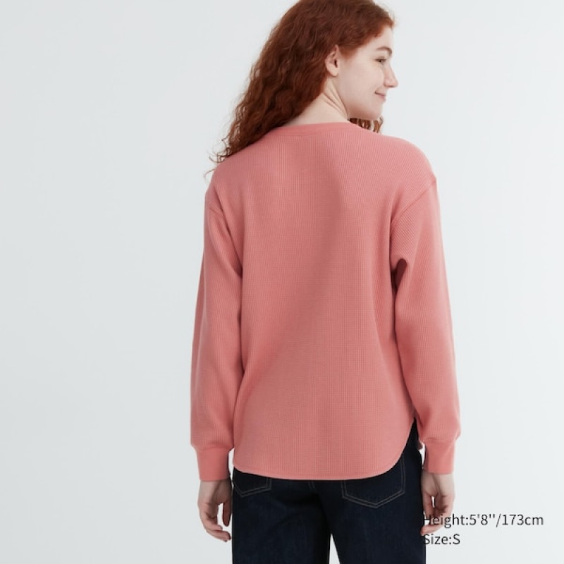 T Shirts Uniqlo Waffle Crew Neck Long-Sleeve Femme Rose | 2841-SNVBW