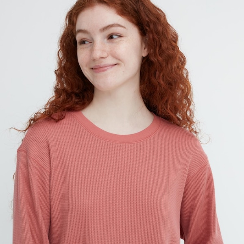 T Shirts Uniqlo Waffle Crew Neck Long-Sleeve Femme Rose | 2841-SNVBW