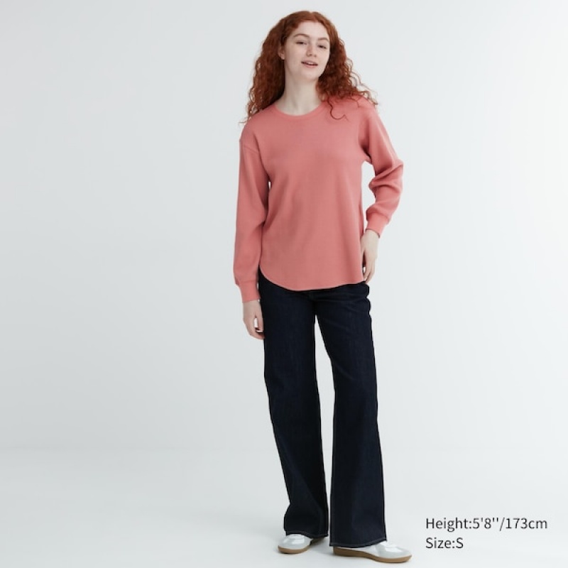 T Shirts Uniqlo Waffle Crew Neck Long-Sleeve Femme Rose | 2841-SNVBW